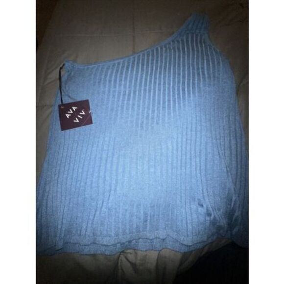 Ava Viv One Shoulder Sweater Tank Top Blue Ribbed NWT Plus Size 2X - Picture 3 of 3